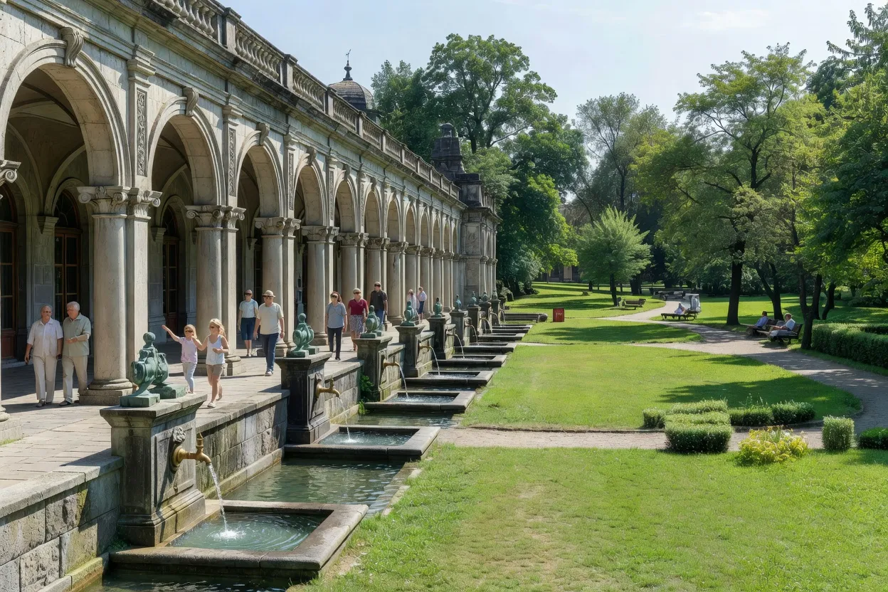 Colonnade historique de Truskavets avec curistes se promenant sous les arcades