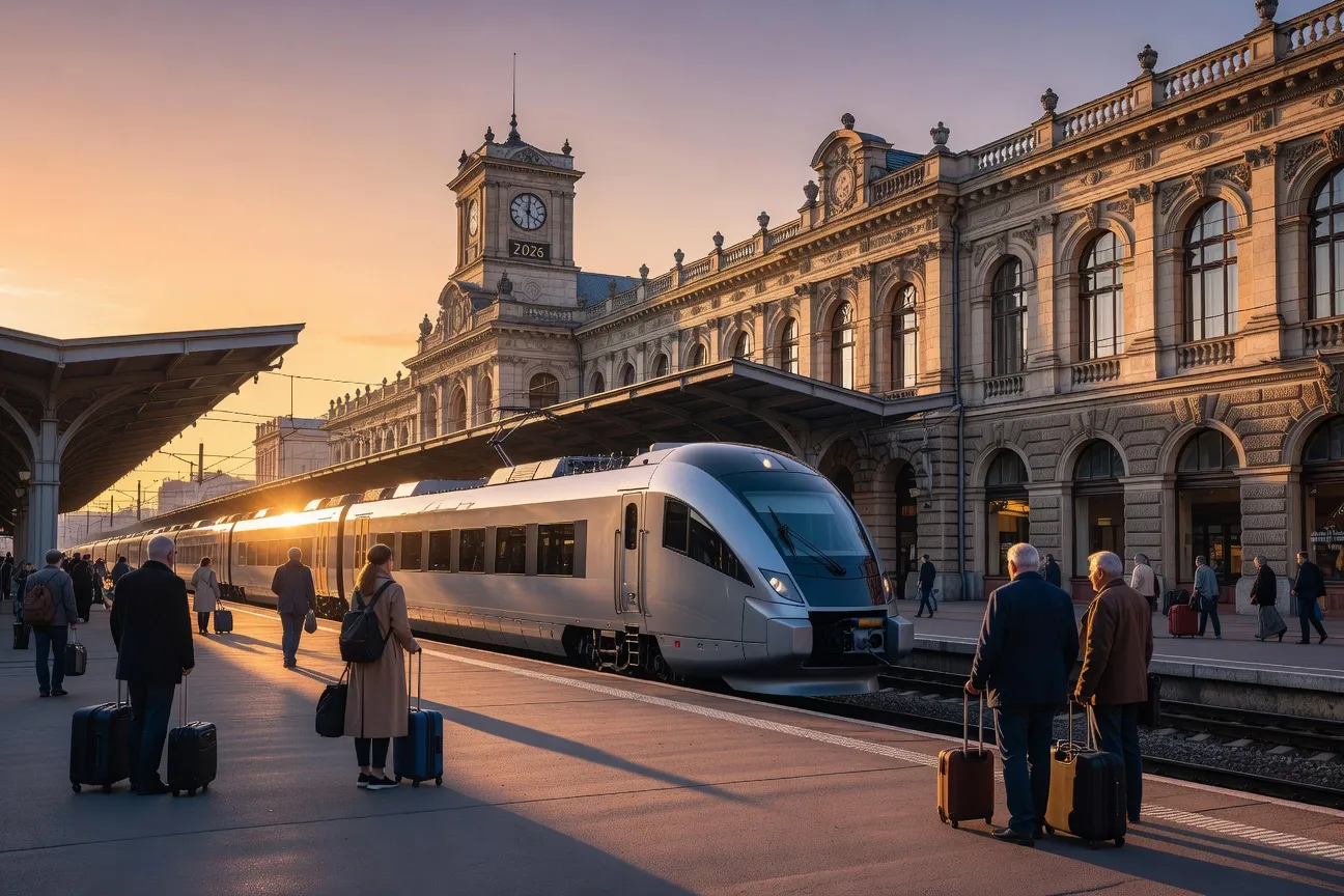 Train international arrivant en gare de Lviv en 2026, voyageurs avec valises