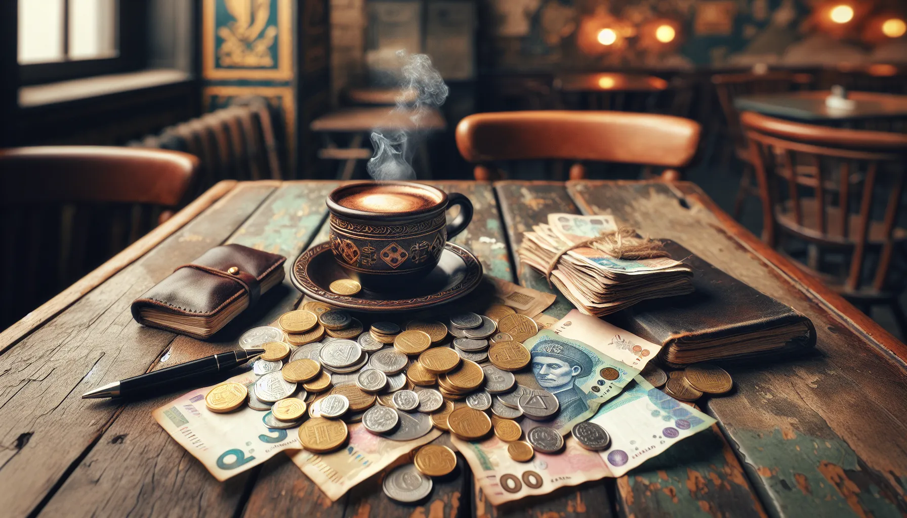 Billets de hryvnia ukrainienne et café dans un bistrot de Lviv