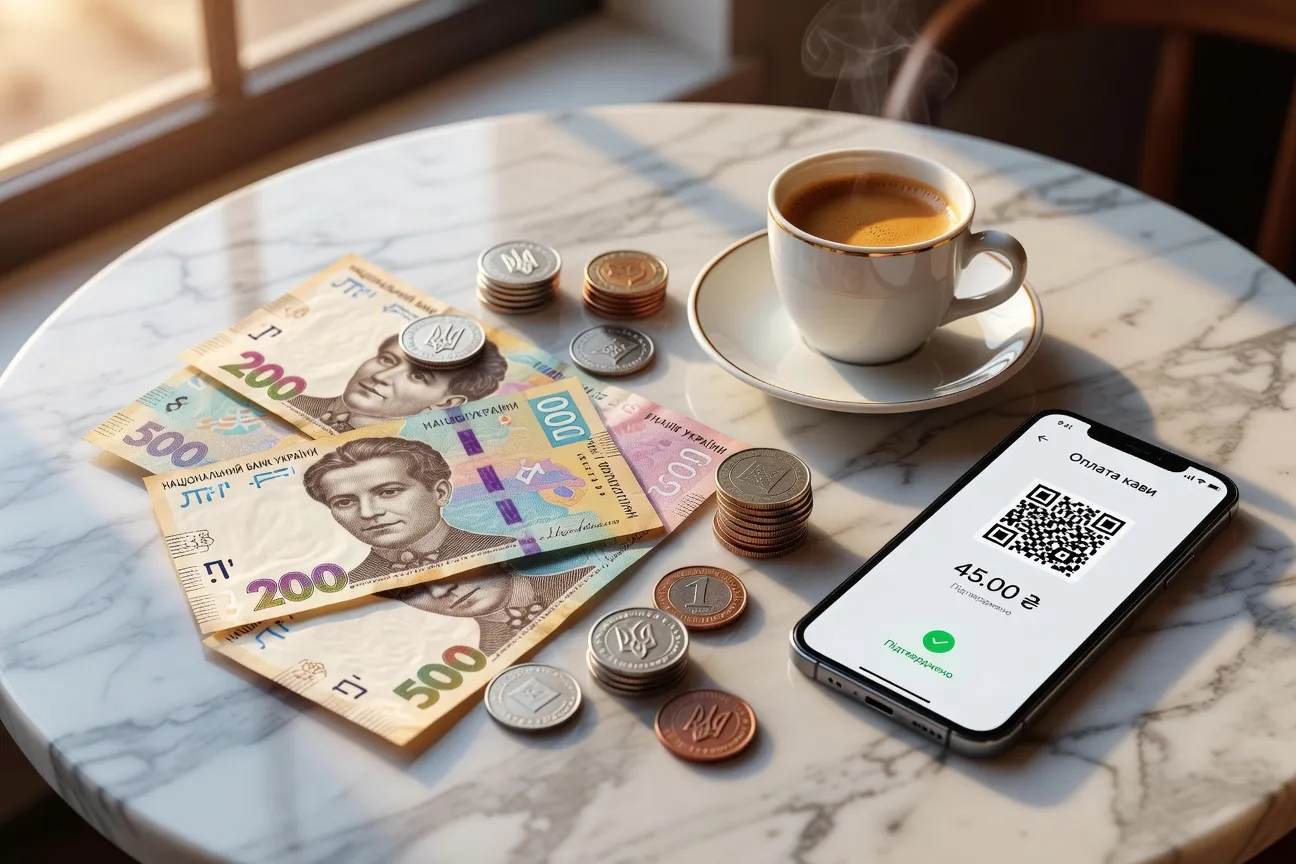 Hryvnia ukrainienne, smartphone, espresso : nature morte sur table de café