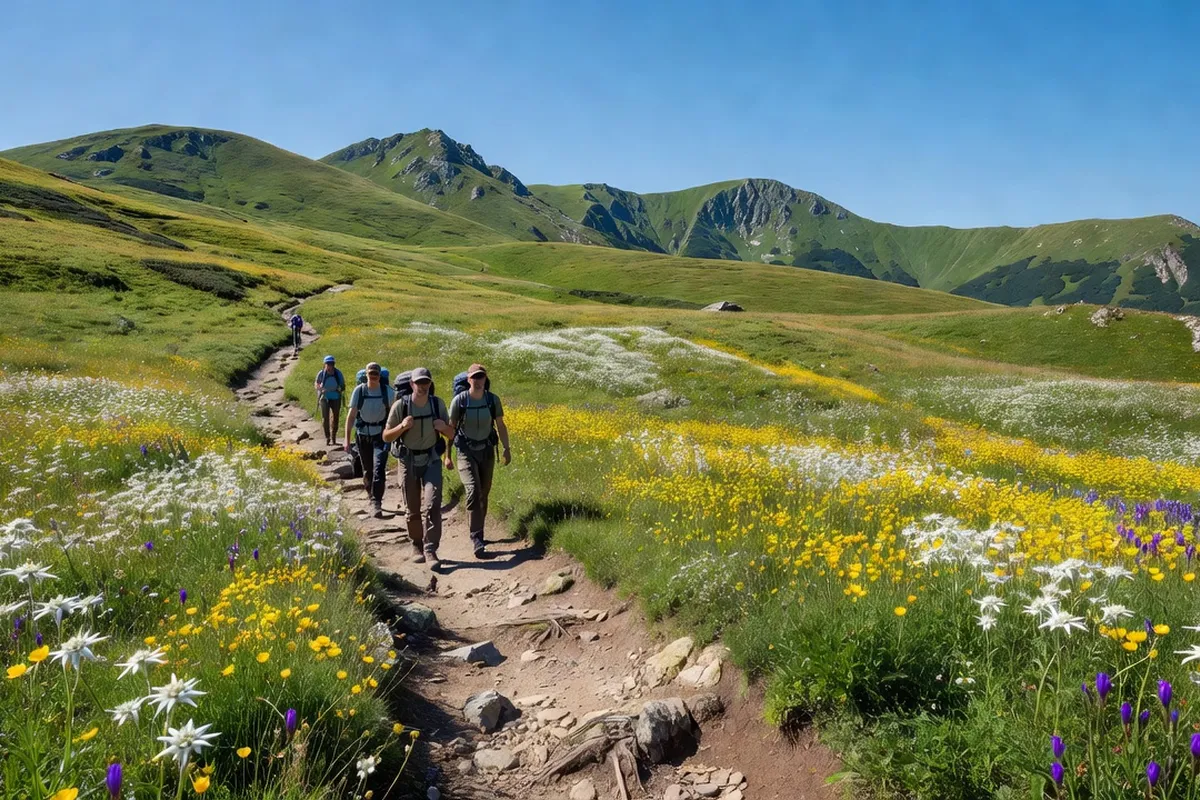 Randonneurs sur un sentier des Carpates ukrainiennes en ete avec vue panoramique