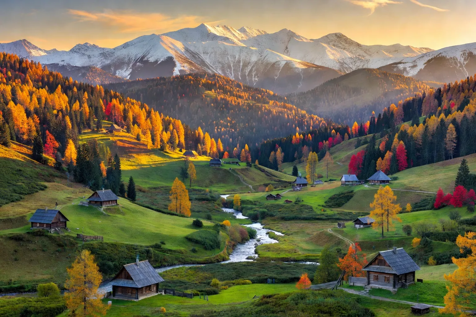 Paysage des Carpates ukrainiennes en automne avec sommets enneiges et vallees