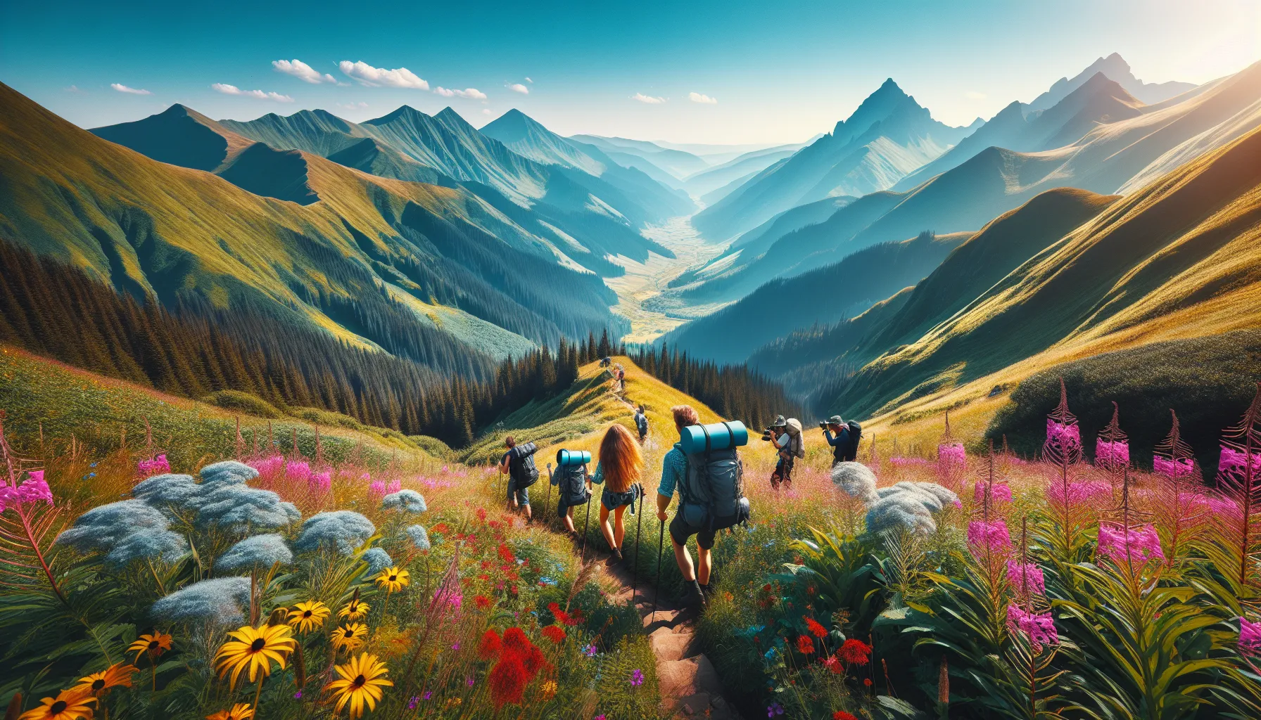 Randonneurs sur un sentier dans les Carpates ukrainiennes