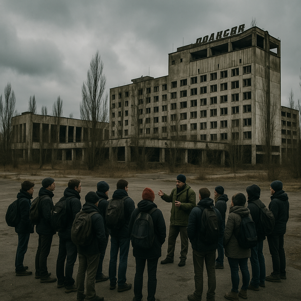 Vue panoramique de la zone d'exclusion de Tchernobyl avec le sarcophage du réacteur 4