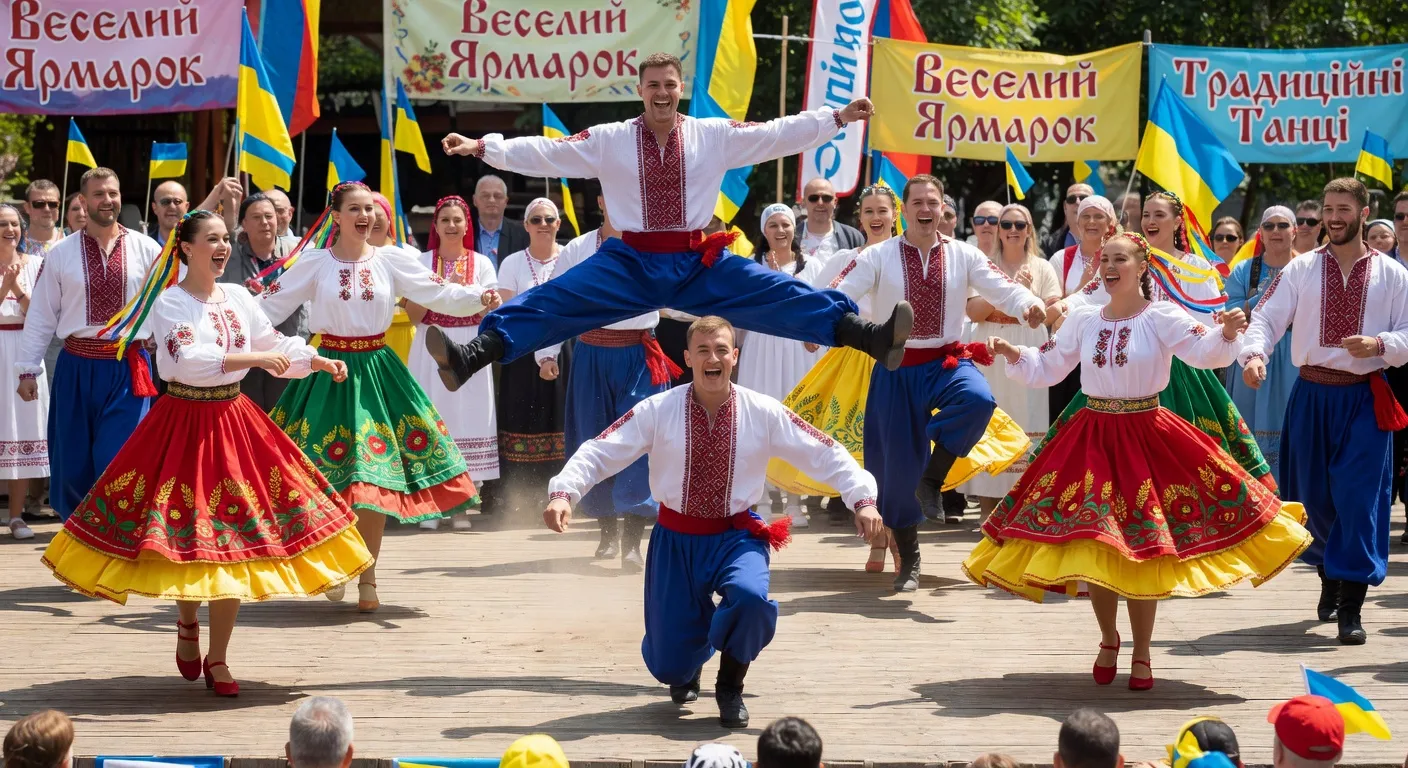 Danse traditionnelle ukrainienne hopak lors d'un festival culturel, costumes brodés colorés