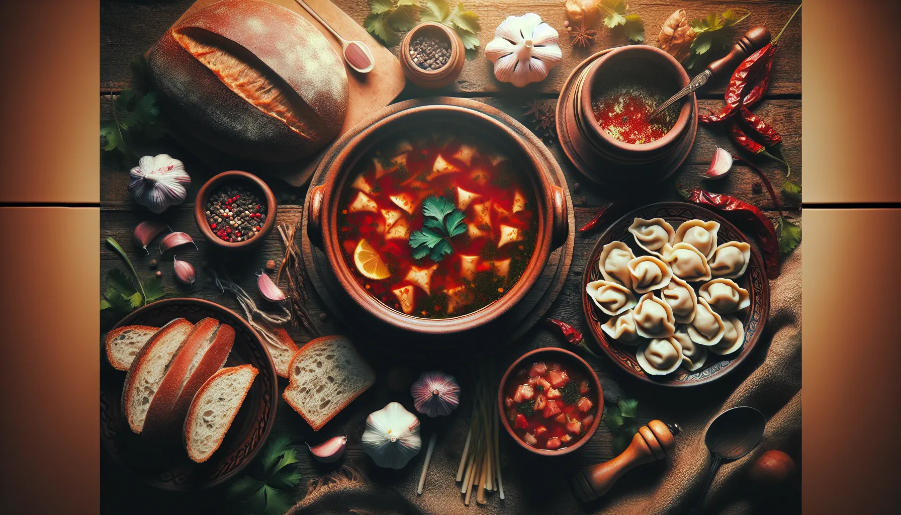 Table traditionnelle ukrainienne avec borchtch, varenyky et salo