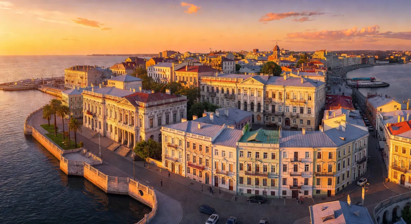 Vue panoramique d'Odessa depuis la mer Noire, façades néoclassiques et port