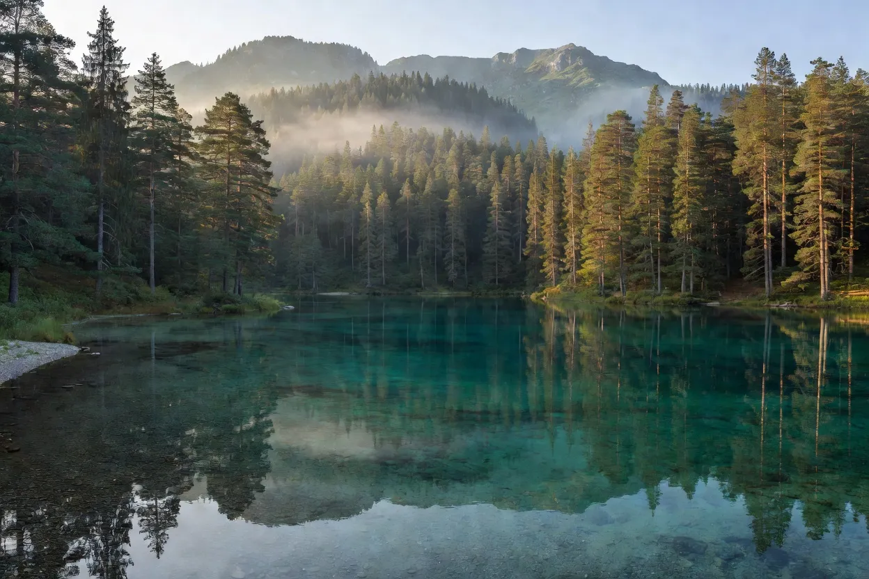 Lac Synevyr entouré de forêts de pins dans les Carpates ukrainiennes, eaux turquoise