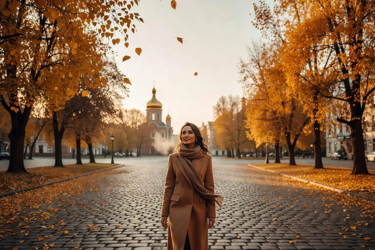 Femme en manteau camel sur une place pavée bordée d'arbres d'automne dorés, dôme d'église en arrière-plan (illustration générée)