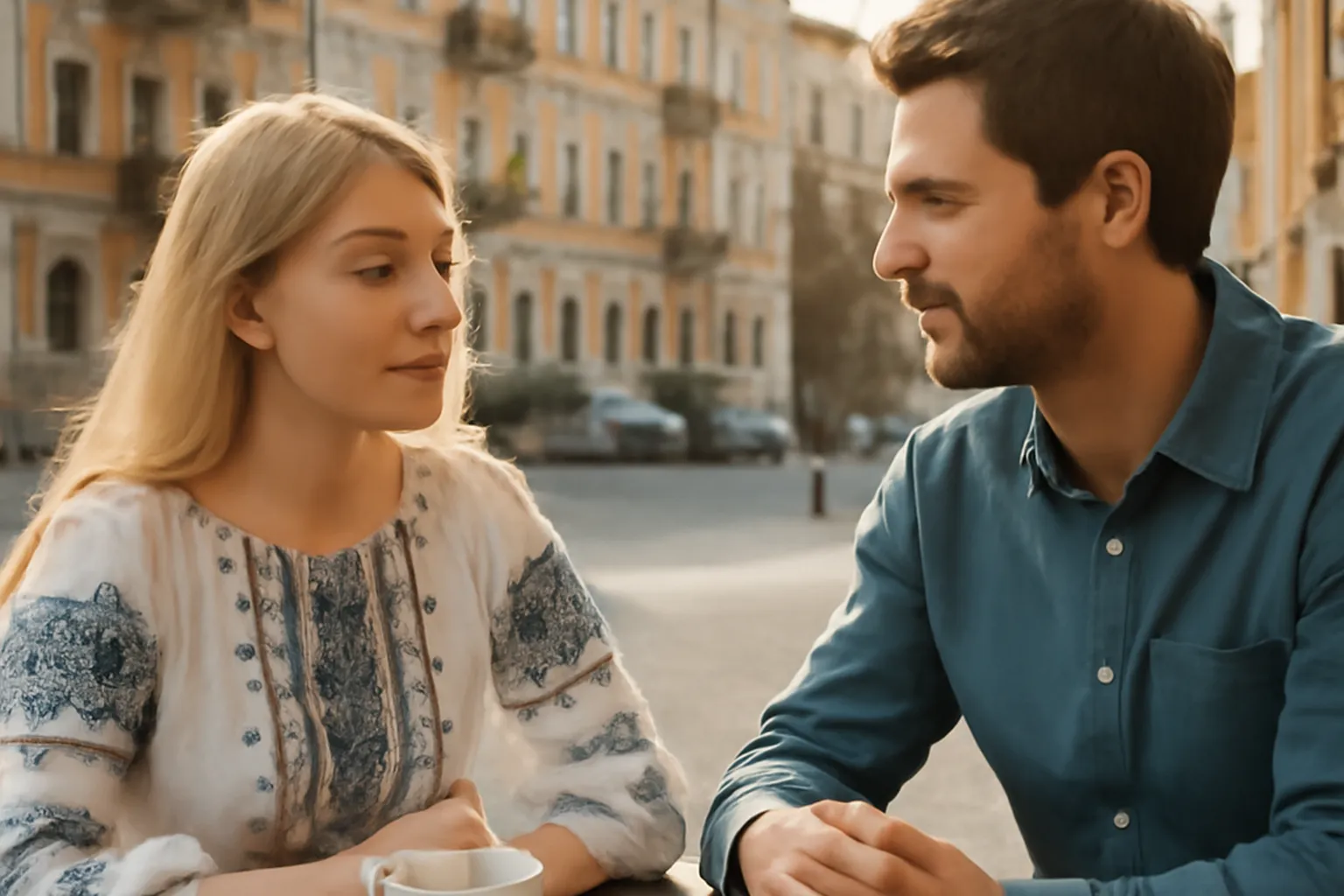 Couple Slavic Ukrainian woman European man dans un cafe de Kyiv