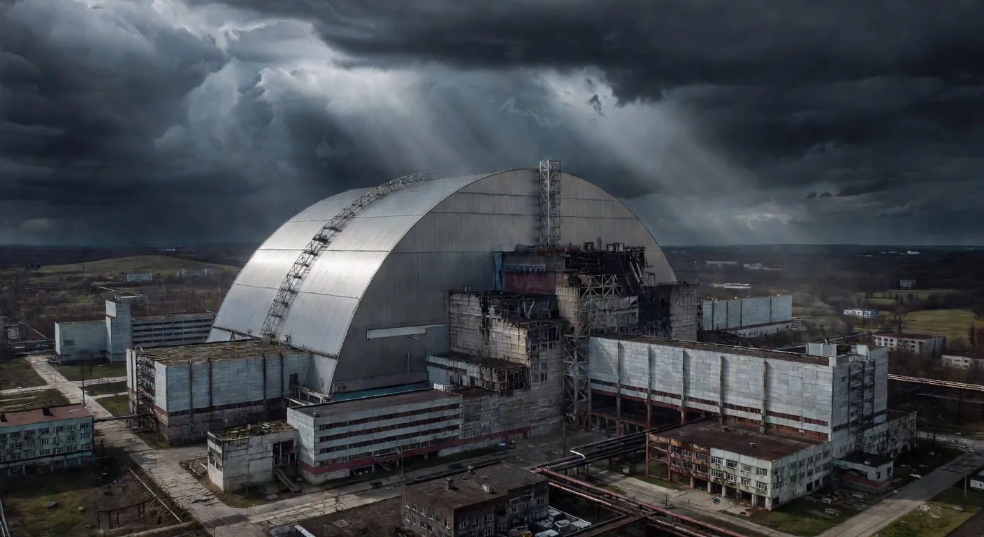 Vue aérienne du réacteur 4 de Tchernobyl et son sarcophage New Safe Confinement, Ukraine