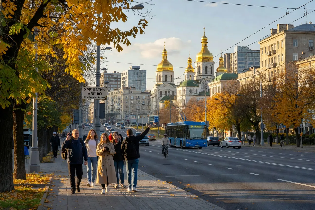 Scène de rue dans le centre de Kyiv en 2026, petit groupe de touristes
