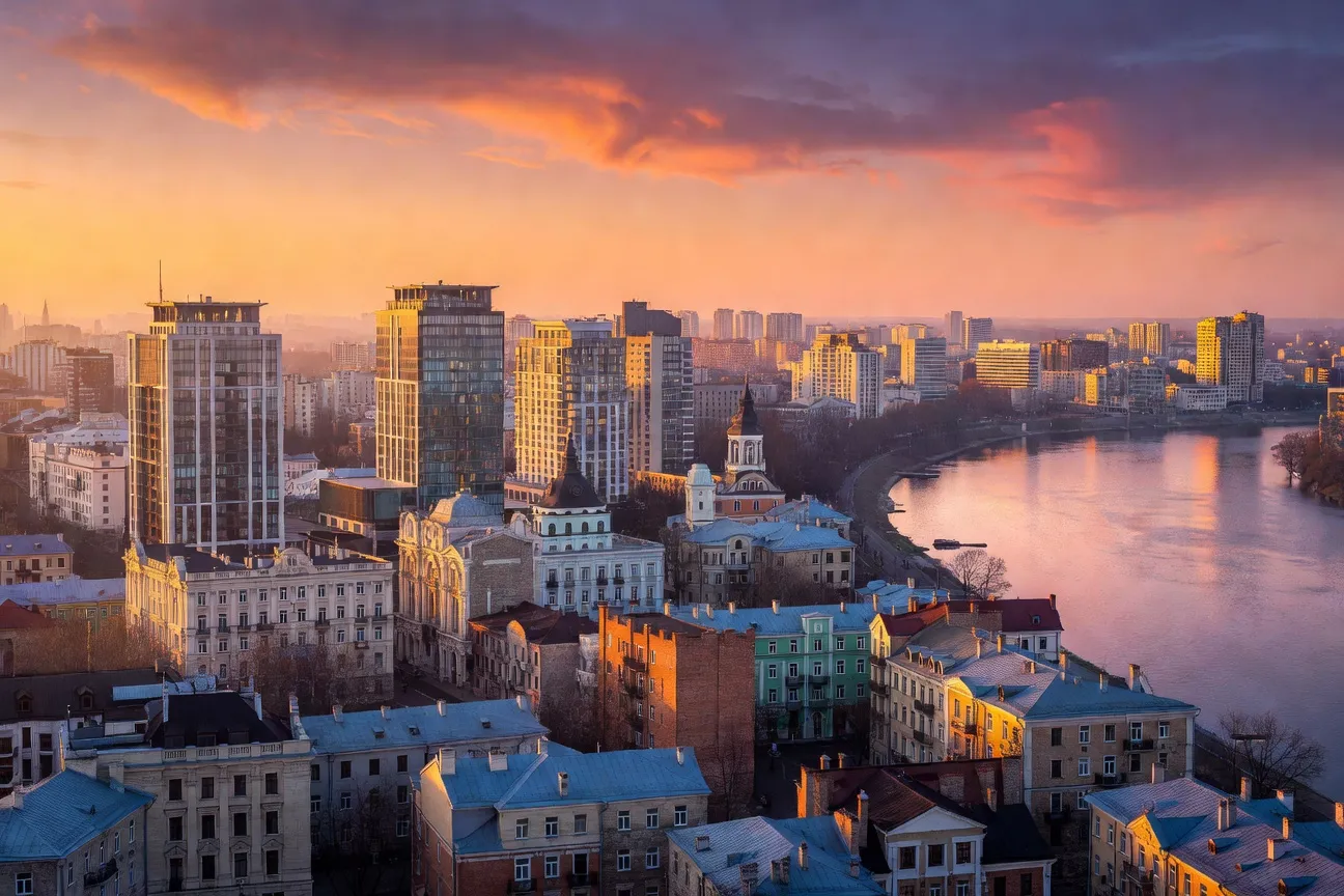 Vue de Kyiv depuis Podil au printemps 2026, dome dore d'une eglise et toits du vieux quartier