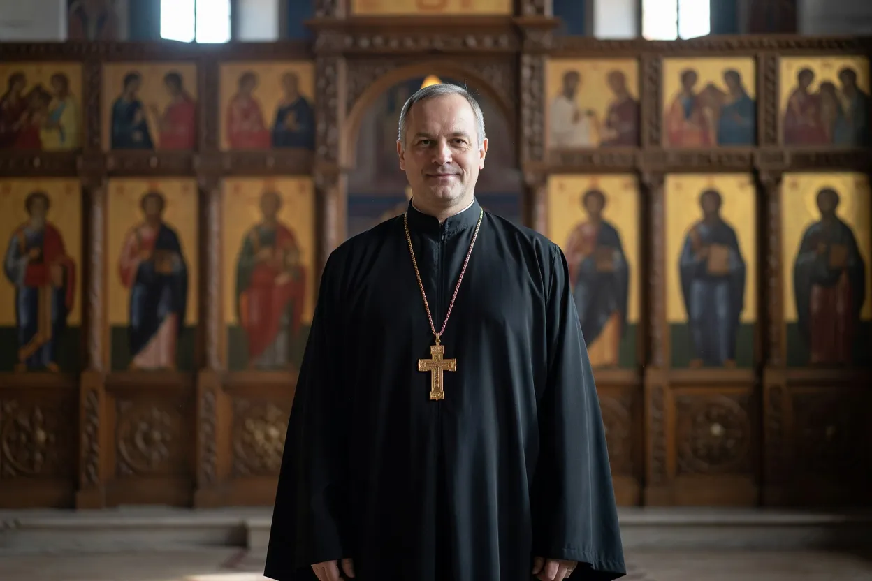 Portrait du père Viktor Savchenko, théologien orthodoxe au monastère Saint-Michel de Kyiv
