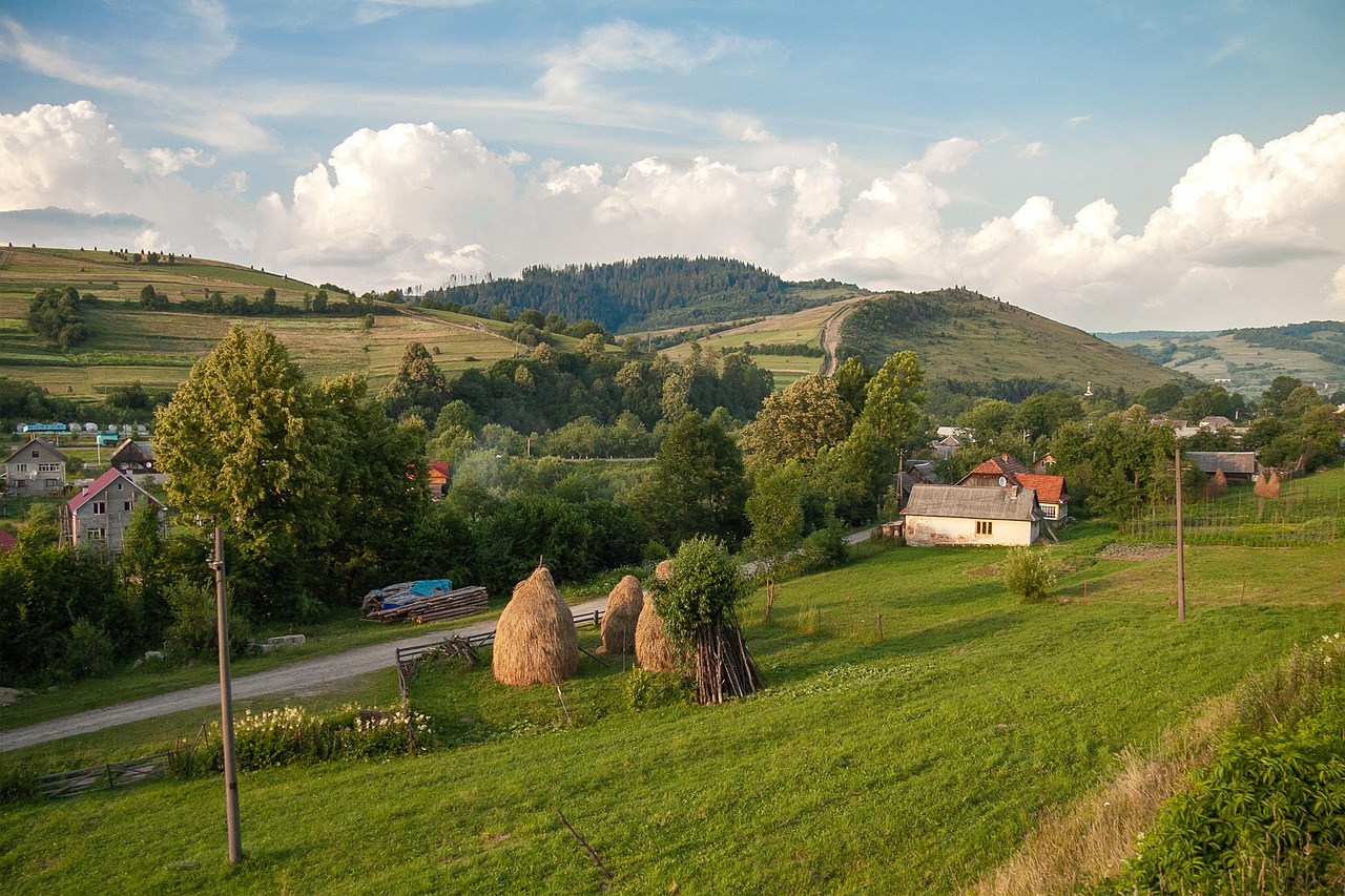 Paysage de montagne dans les Carpates ukrainiennes avec village traditionnel